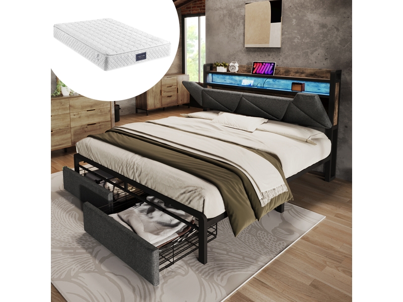  Lit rembourré tcqpz 140 x 200 cm avec tête de lit de rangement, led, usb type-c et tiroirs gris  - Conforama B