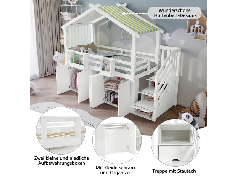  Lit étagé 90x200cm blanc et vert, structure pin mdf contreplaqué, penderie, casiers et escalier rangement  - Conforama D
