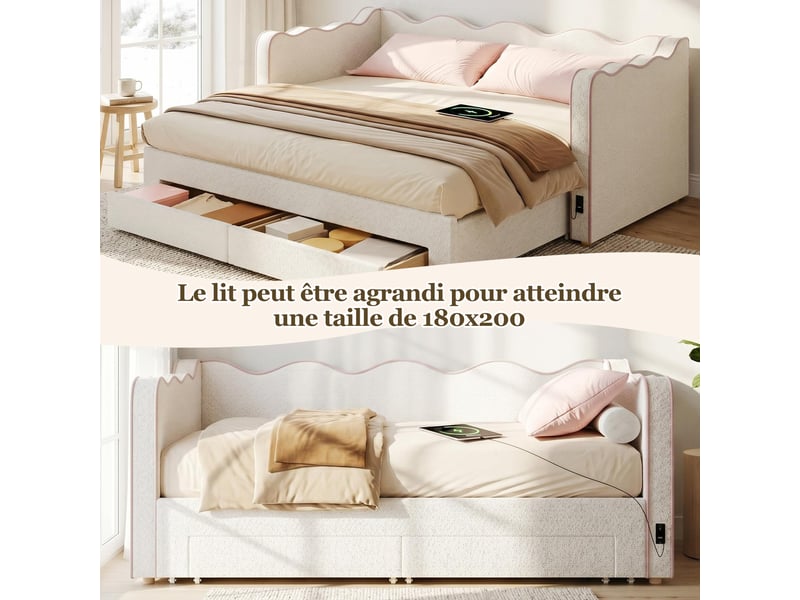  Canapé-lit 90x200 cm, lit enfant, couchage d'appoint, 2 tiroirs, extensible, port usb, tissu bouclé beige  - Conforama W