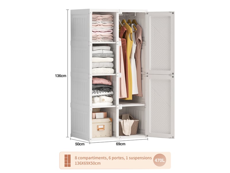  Armoire pliante portable 6 portes, 8 compartiments et 1 tringle - blanc - 136x69x50 cm - grande capacité 470l  - Conforama E