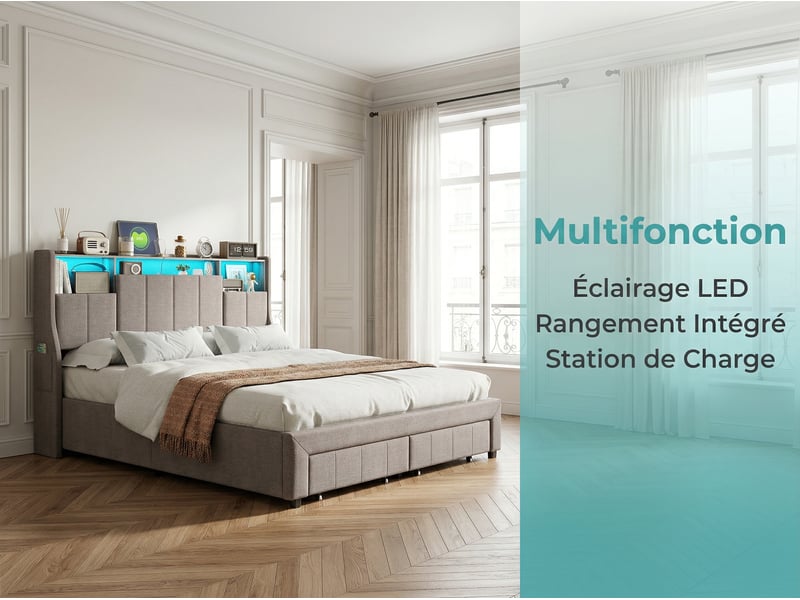  Lit 2 places 140x200 cm - tiroirs de rangement et led - rangement tête de lit - lit 2 places tissu - sommier à lattes  - Conforama D