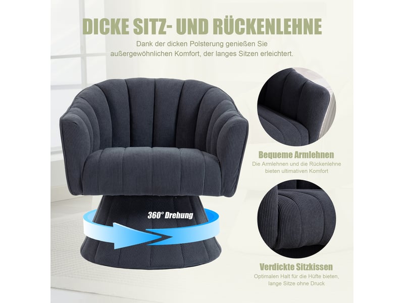  Fauteuil pivotant ergonomique - 360° - rembourrage épais - dossier enveloppant - velours côtelé Gris foncé - Conforama E