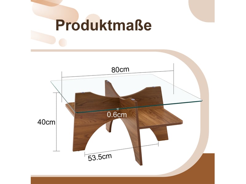  Table basse carrée 80 x 80 cm en verre de sécurité, mdf décor noyer, 120 kg  - Conforama C