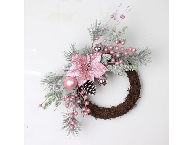  Couronne de noël rose 45 cm avec fleurs de poinsettia et boules, décoration porte mur fenêtre cheminée  - Conforama B