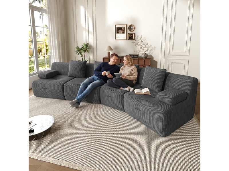  Canapé modulaire compressé 4 places à modules libres sans montage en velours côtelé gris foncé, 311 × 90 × 65 cm  - Conforama E