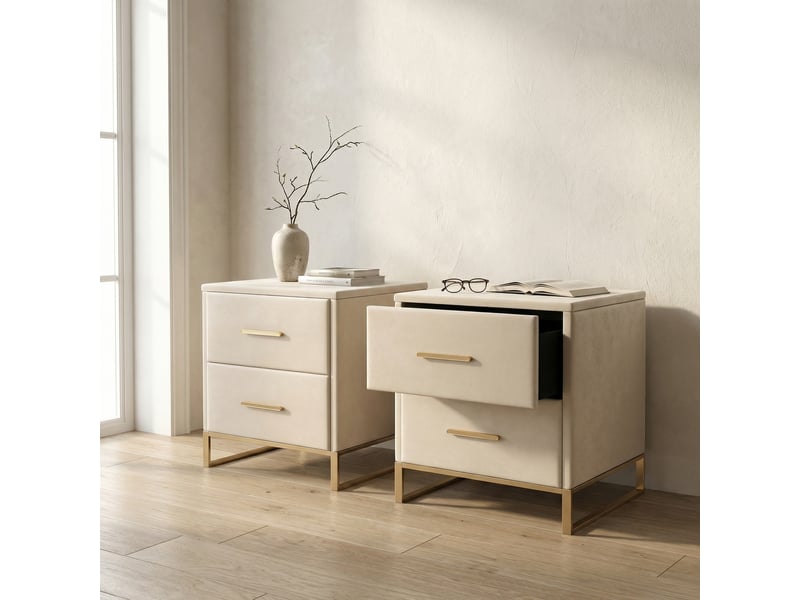  Lot de 2 tables de chevet 40x40x50 cm, 2 tiroirs, bout de canapé en tissu rembourré, velours, design moderne et luxe, beige  - Conforama B