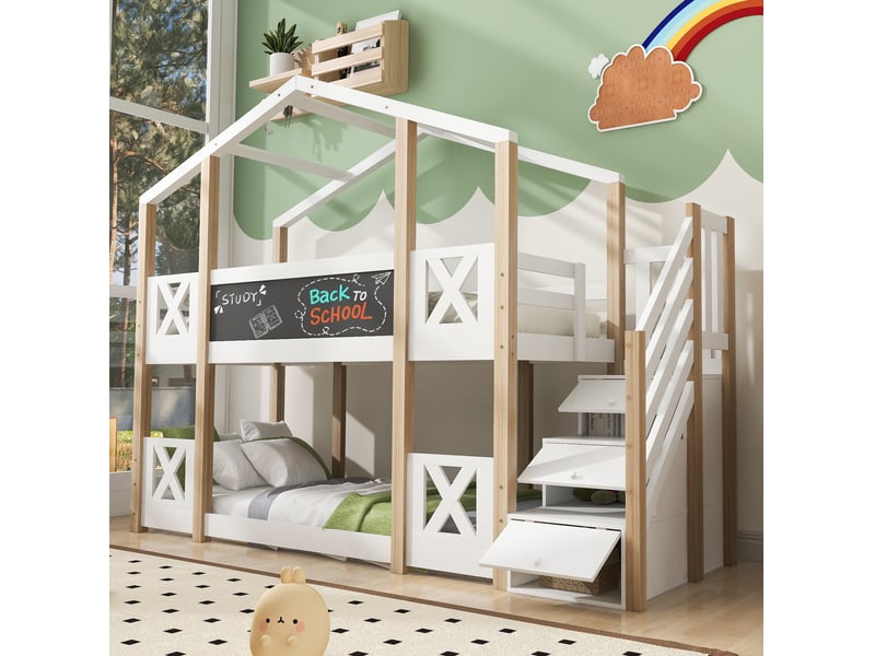  Lit superposé enfant cabane 90x200 cm avec escalier de rangement, blanc et naturel  - Conforama D