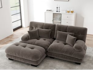 Canapé modulable d’angle 2 places avec ottomane en tissu marron