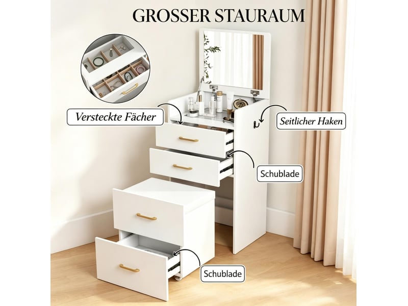  Coiffeuse 3 en 1 blanche en mdf avec miroir rabattable, 2 tiroirs et tabouret à roulettes pour la chambre  - Conforama D