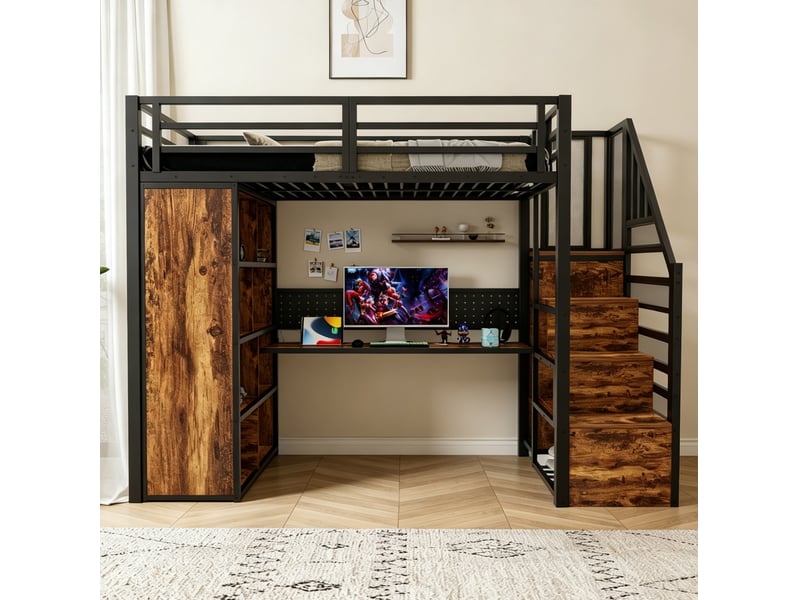  Lit mezzanine 1 place avec escalier de rangement, armoire, bureau et led 90×200 cm, sans matelas, noir  - Conforama D
