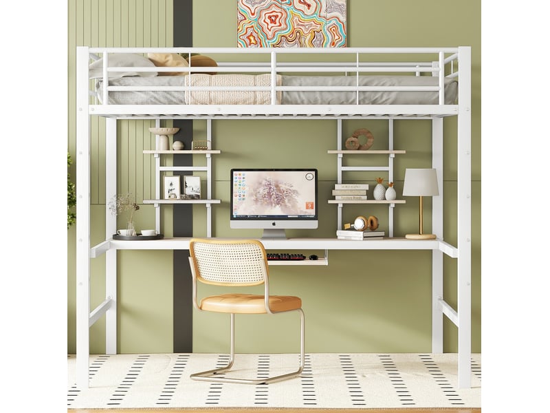 Lit mezzanine 140x200 cm avec bureau et 2 étagères coloris blanc - Conforama D