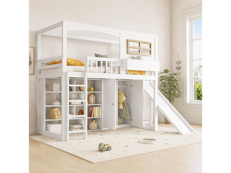 Lit superposé enfant avec toboggan et armoire blanc et naturel 90 x 200 cm - Conforama C