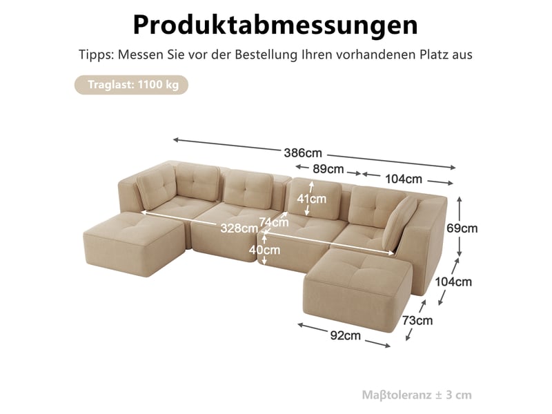  Canapé d'angle modulable en u 4 places en velours côtelé beige, sans montage, idéal pour le salon familial  - Conforama C