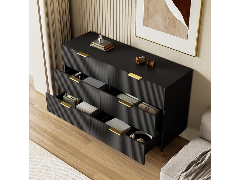 Commode 120x40x77cm, chiffonier avec 6 tiroirs de rangement, meuble salon, aggloméré, noir  - Conforama D
