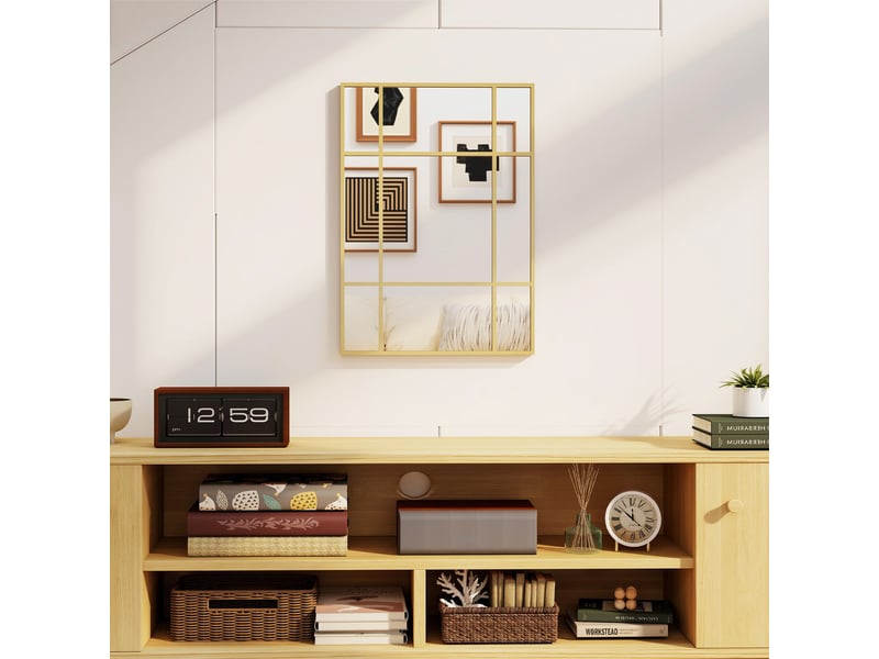  Miroir mural verrière rectangulaire style fenêtre, horizontal ou vertical avec 4 crochets, en métal doré - 50x70 cm  - Conforama A