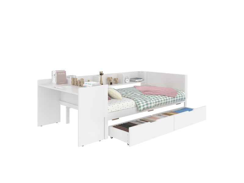  Lit simple 90x200 cm avec bureau, étagères et 2 tiroirs, coloris blanc  - Conforama A