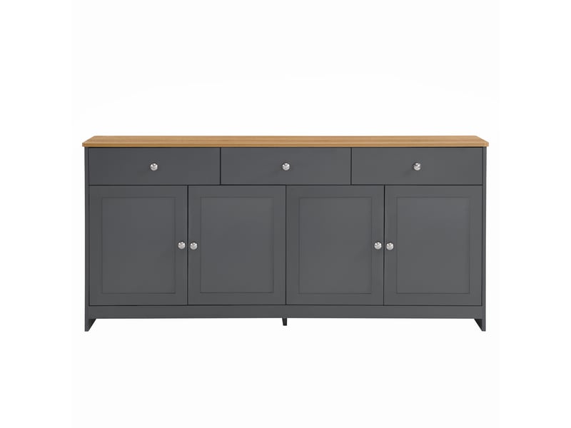  Buffet en bois 160*37*75cm, avec 4 portes et 3 tiroirs - pour salon, salle à manger, couleur de bois foncé et gris noir  - Conforama A