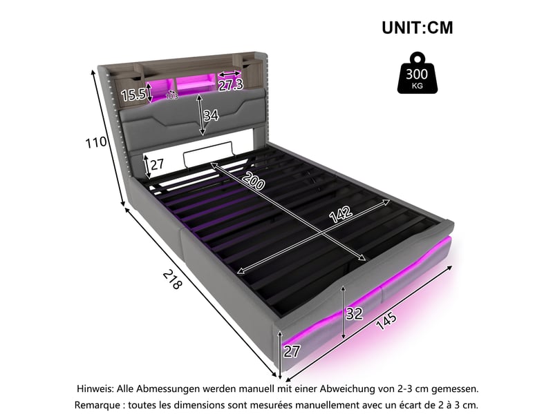  Lit rembourré, 140 x 200 cm, avec prise de chargement usb-c, éclairage d'ambiance sous le lit, tête de lit avec compartiment de rangement, lit coffre hydraulique, sans matelas, avec éclairage led, gris  - Conforama C