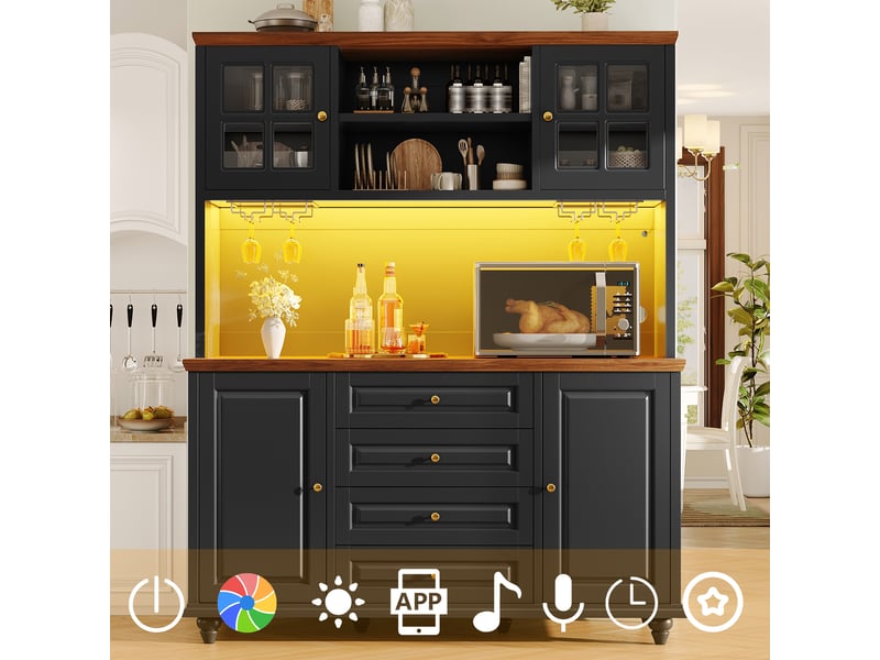  Buffet haut noir meuble de cuisine avec led rgb, 140x40x179.5cm, étagères réglables et porte-verres  - Conforama B