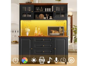 Buffet haut noir meuble de cuisine avec led rgb, 140x40x179.5cm, étagères réglables et porte-verres