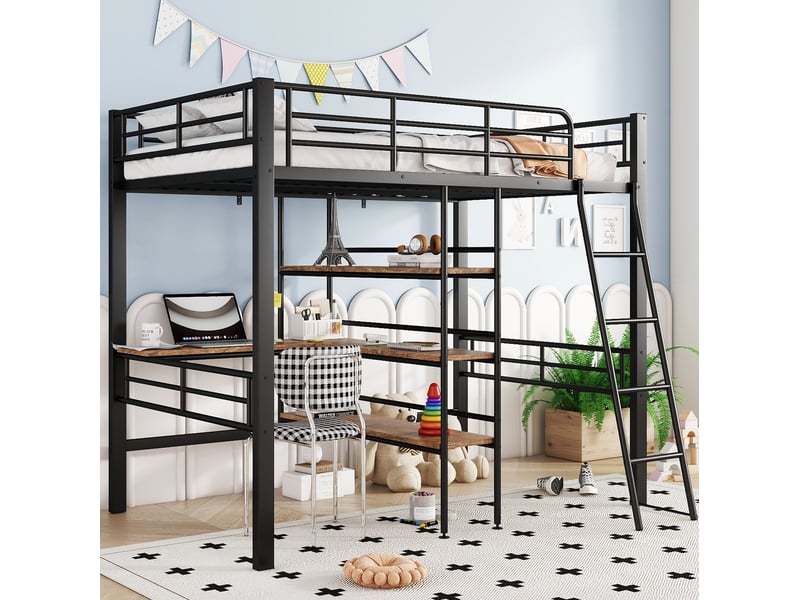  Lit mezzanine enfant 90 x 200 cm en métal avec bureau, étagères et échelle, noir  - Conforama E