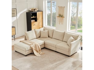Canapé panoramique 5 places, transformable en lit, avec pouf, en tissu effet lin, coloris beige, l220 x p194 x h85 cm, pour salon