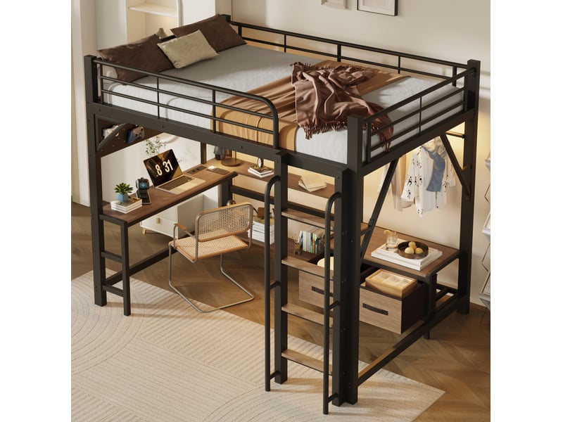  Lit mezzanine 140 × 200 cm 2 places avec bureau, led, usb, étagères et tiroirs, sans matelas, noir  - Conforama C