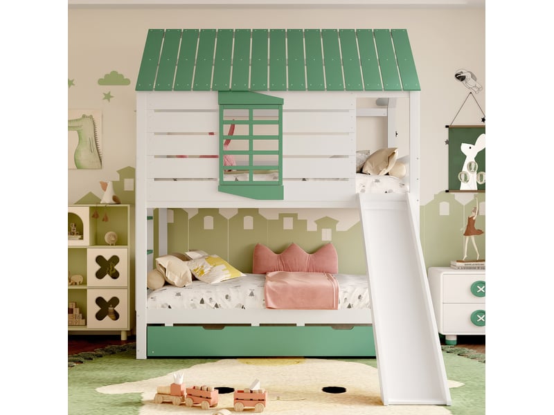  Modenvie lit superposé cabane 90x200 cm - avec toboggan, lit gigogne et barrières - blanc et vert  - Conforama E