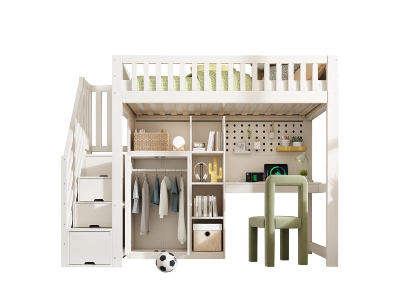 Lit mezzanine enfant 90x200 cm avec bureau armoire escalier de rangement étagères prises usb usb-c sommier pin mdf blanc evarich - Conforama A