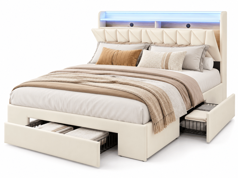  Lit 2 personnes 160x200cm avec 3 tiroirs, lit adulte avec led et ports usb type-c, lit capitonné avec sommier à lattes et tête de lit rembourré , cadre de lit fonctionnel, rangement de chevet, étagères , velours, beige - sans ma…  - Conforama A