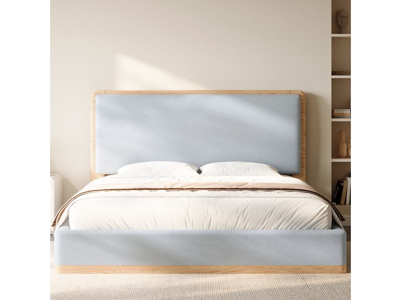  Lit coffre rembourré 140x200 cm - rangement coffre - tête de lit rembourrée et sommier à lattes - mdf - gris+naturel (sans matelas)  - Conforama C