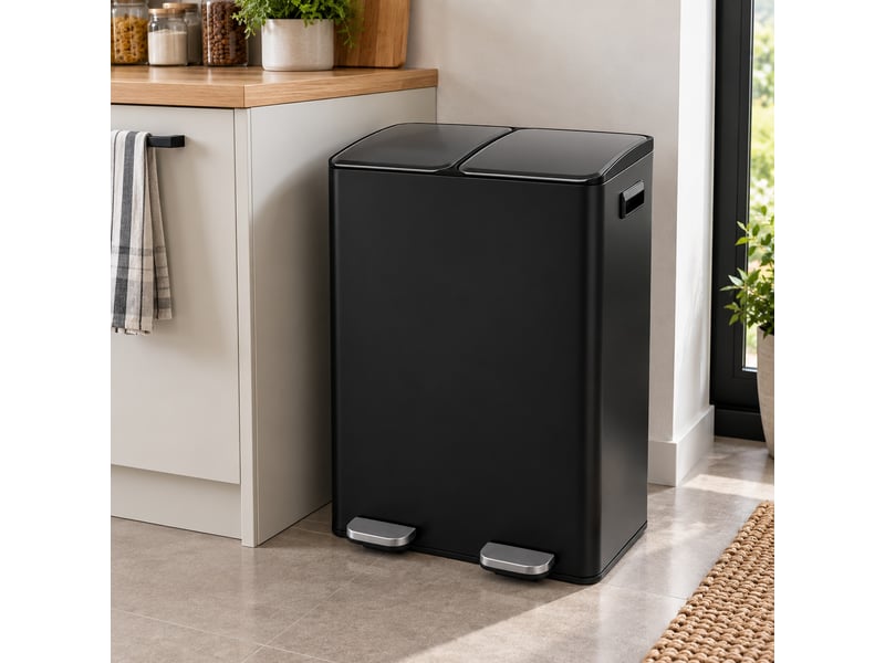  Poubelle de tri sélectif rectangulaire 60l (2x30l) à double compartiment en métal noir anti-traces avec deux pédales indépendantes - longueur 45 x profondeur 36 x hauteur 71,5 cm  - Conforama B