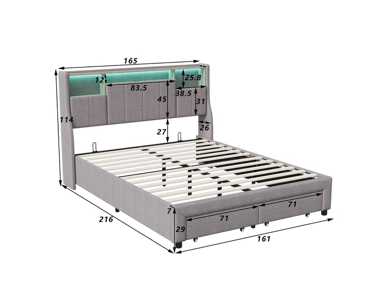  Lit double 140x200 cm avec 2 tiroirs rangement, lit rembourré avec led rvb et port usb de tête de lit étagère, tissu en lin, sommier à lattes, gris  - Conforama E