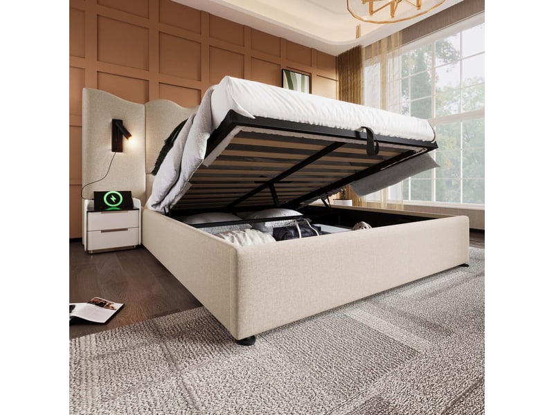  Lit coffre 160×200cm, lit double, lampe pivotante à 360°, tête de lit, métal, bois, lin, beige, matelas inclus  - Conforama W