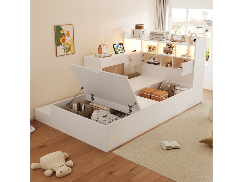  Lit enfant en bois, 90 x 200 cm, espace de rangement hydraulique, tête de lit avec rangement, bureau, éclairage led, blanc LDF00750AAK - Conforama D