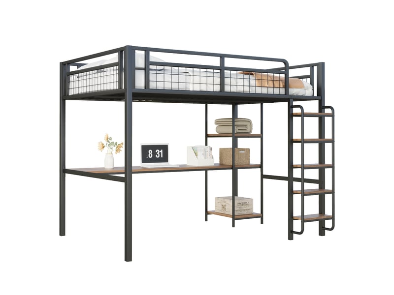  Lit mezzanine enfant 140x200 cm avec table, étagère, garde-corps, escalier, sommier, métal noir, sans matelas  - Conforama A