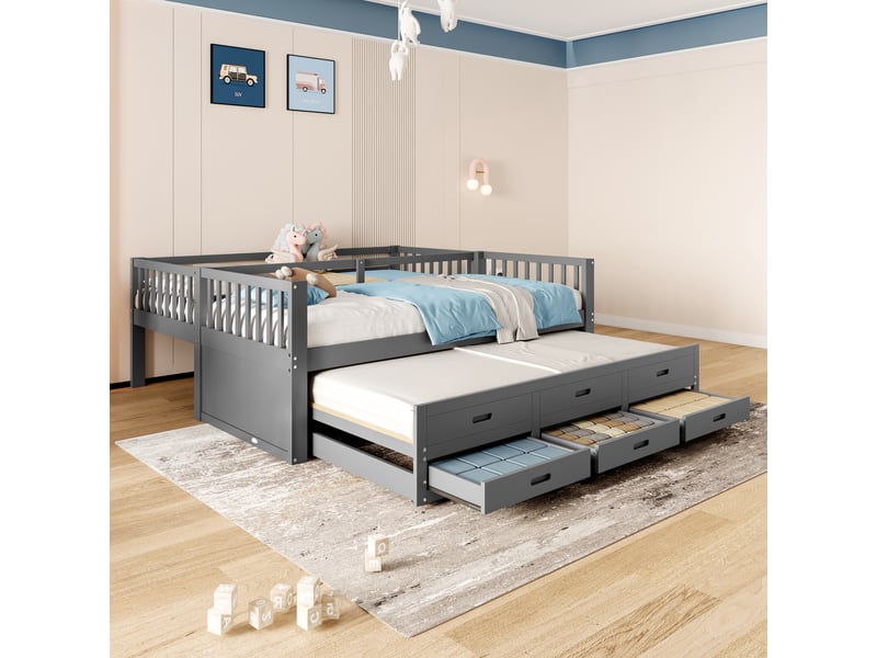  Lit superposé 90x200cm sans matelas, pin et mdf, échelle, lit gigogne, 3 tiroirs, gris  - Conforama D
