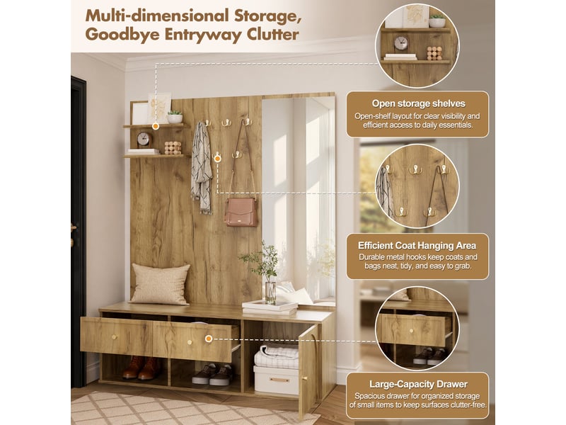  Ensemble vestiaire d'entrée miroir banc à chaussures effet bois 120 x 35 x 159 cm N657P45704647N - Conforama E