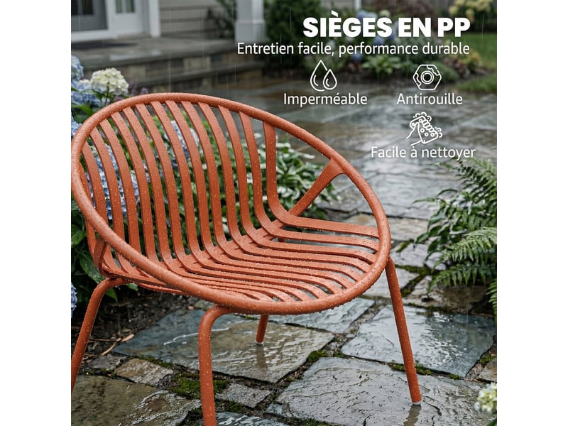 Salon de jardin bistrot 3 pièces 2 chaises empilables et table métal rouge brique  - Conforama E