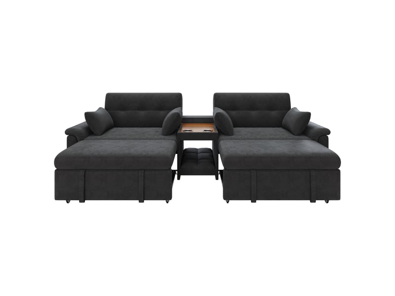  Canapé-lit u corda, gris foncé, 284x138x89 cm, convertible, dossier réglable, table avec 2 porte-gobelets, 4 coussins, chenille  - Conforama A
