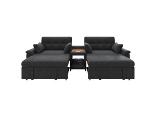 Canapé-lit u corda, gris foncé, 284x138x89 cm, convertible, dossier réglable, table avec 2 porte-gobelets, 4 coussins, chenille