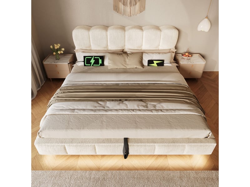 Lit coffre 140x190 cm avec rangement hydraulique, led, usbtype-c, sommier à lattes, design bubble en chenille, beige, sans matelas  - Conforama E
