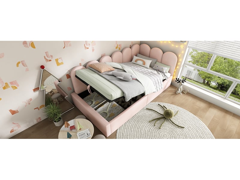  Lit coffre simple 90x200 cm avec ouverture hydraulique et sommier métallique - velours rose - sans matelas  - Conforama B