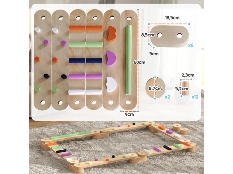  Poutre d'équilibre en bois pour enfants 3-8 ans avec pierres d'obstacle colorées, intérieur et extérieur  - Conforama C