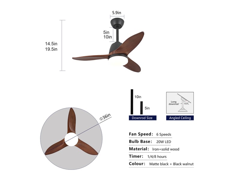  Ventilateur de plafond moderne noir 36 pouces, réversible dimmable 3 vitesses, 3 couleurs d'éclairage, pales en bois  - Conforama E