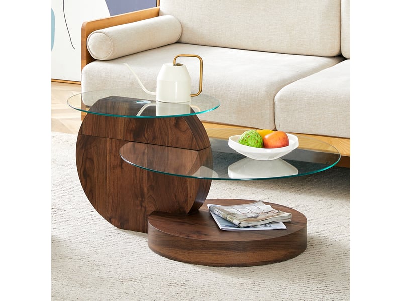  Table basse ronde 90x70x44 cm en verre trempé et mdf, coloris noyer  - Conforama B
