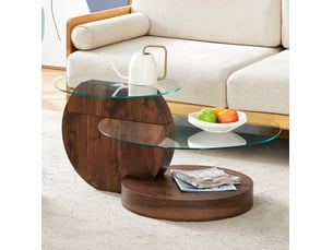 Table basse ronde 90x70x44 cm en verre trempé et mdf, coloris noyer