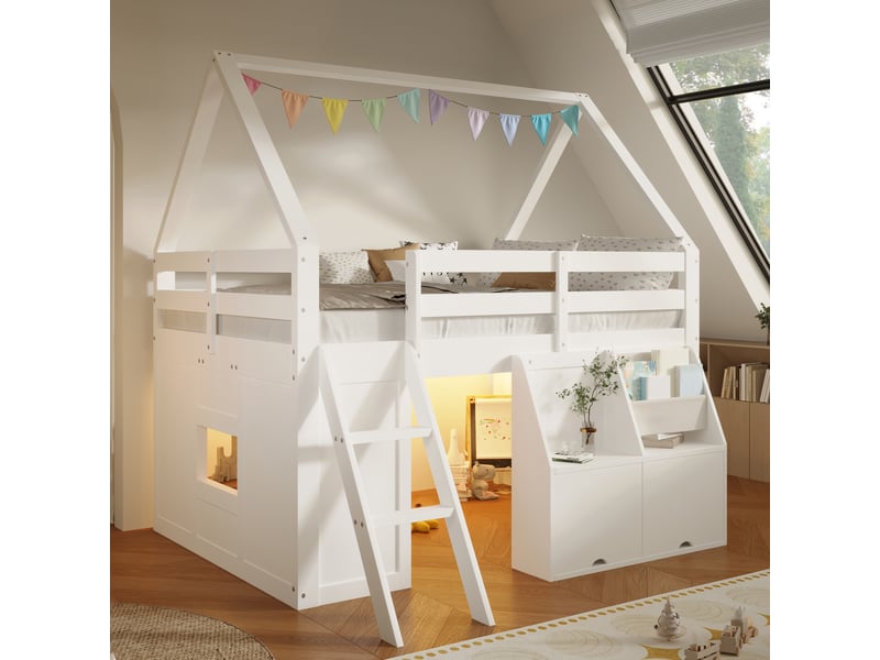 Lit mezzanine 180x200 cm, structure en bois, coloris blanc, rangements intégrés, éclairage led, escalier sécurisé, garde-corps, design cabane - Conforama D