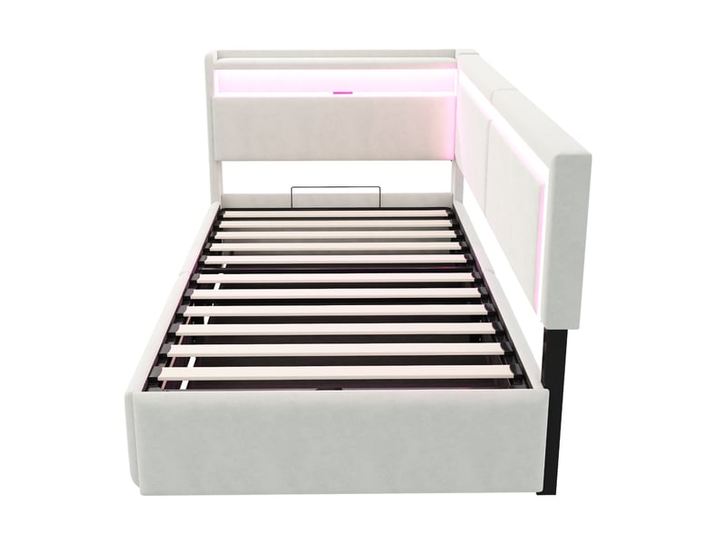  Canapé-lit 90x200 cm velours beige led ports usb tête de lit ouvrable et coffre hydraulique  - Conforama D