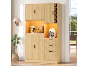 Buffet haut de cuisine 105x40x180 cm, 3 tiroirs, casier à bouteilles, led, prises intégrées, mdf naturel